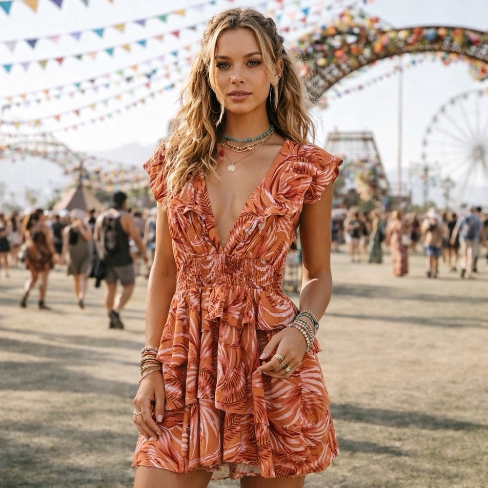 MINKPINK Rust Orange Palm-Print Ruffle Mini Dress